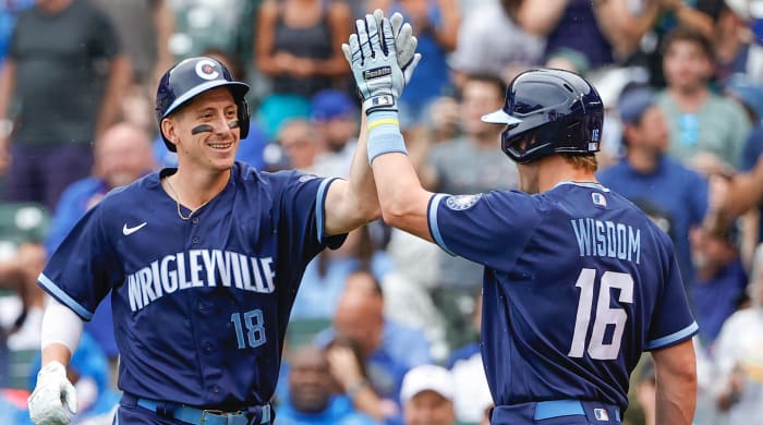 Sep. 3 2021 - Chicago Cubs first baseman Frank Schwindel (18) celebrates with third baseman Patrick Wisdom (16) after hitting a solo home run